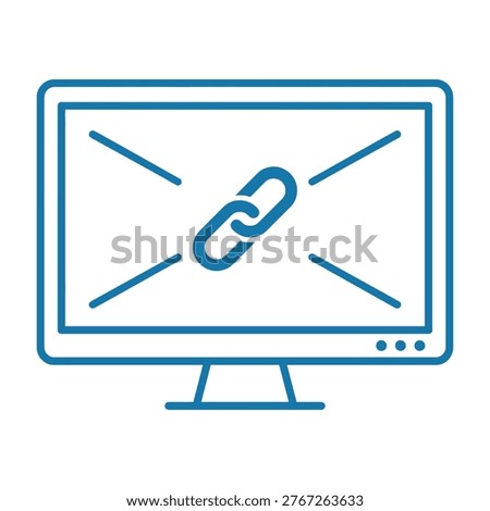 A clean blue line art icon of a computer monitor featuring a chain link symbol in the center, symbolizing digital connectivity, internet hyperlinks, network integration, and online technology concepts.
