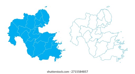 Clean blue outline and filled vector map of Oita Prefecture Japan with sub-districts
