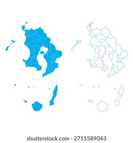 Clean blue outline and filled vector map of Kagoshima Prefecture Japan with sub-districts