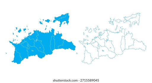 Limpio contorno azul y mapa de Vector lleno de la prefectura de Kagawa Japón con subdistritos