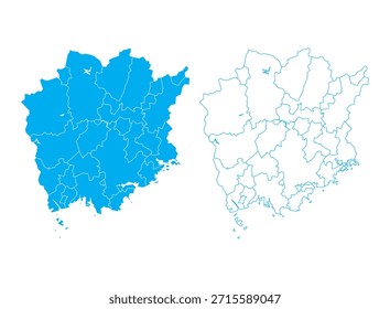 Blaue Umrisse und gefüllte Vektorkarte der Präfektur Okayama Japan mit Unterbezirken