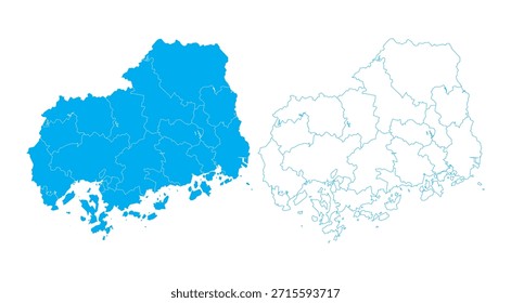 Limpio contorno azul y mapa de Vector lleno de la prefectura de Hiroshima Japón con subdistritos