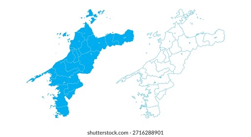Blaue Umrisse und gefüllte Vektorkarte der Präfektur Ehime Japan mit Unterbezirken
