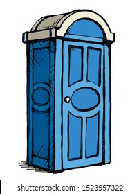 Clean blue pee cubicle stall gear set on white paper text space. Outline black ink hand drawn camp event poop waste hygiene bin box logo pictogram sign in art modern doodle style. Close up line view