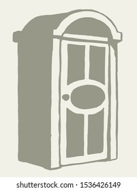 Clean blue pee cubicle stall gear set on white paper text space. Outline black ink hand drawn camp event poop waste hygiene bin box logo pictogram sign in art modern doodle style. Close up line view
