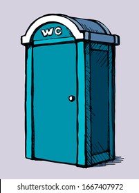 Clean blue pee cubicle stall gear set on white paper text space. Bright cyan color hand drawn camp event poop waste hygiene bin box logo pictogram sign in art modern doodle style. Close up line view