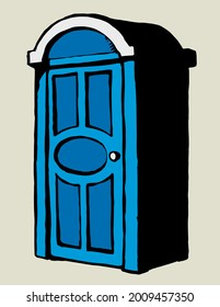 Clean blue pee cubicle stall gear set on white paper text space. Bright cyan color hand drawn camp event poop waste hygiene bin box logo pictogram sign in art modern doodle style. Close up line view