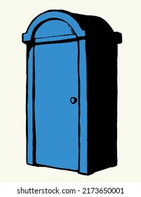 Clean blue pee cubicle stall gear set on white paper text space. Bright cyan color hand drawn camp event poop waste hygiene bin box logo pictogram sign in art modern doodle style. Close up line view