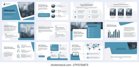 Clean, blue presentation template with multiple slide layouts for business pitches, corporate reports, charts and team summaries. Professional design suited for company meetings, proposals, marketing decks and investor presentations.