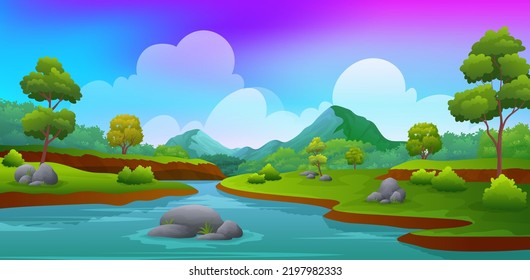 Clean blue river in the middle of the hill  with mountains landscape background illustration