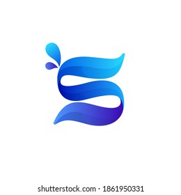 Clean blue S letter logo with water splash and drops. Vector icon perfect for ecology labels, pool emblem, spa posters and clean identity, etc.