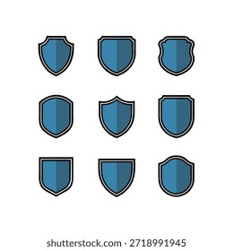 Clean blue shield badge icon set representing security, protection, trust, and modern flat vector design.