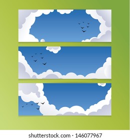 Clean blue sky with clouds and birds. Fresh vector backgrounds with much space for your content. Freedom. Elements for website or presentation.