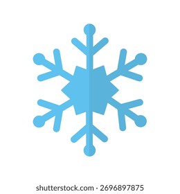 Clean blue snowflake illustration with six symmetrical branches and central hexagon. Perfect for winter, weather, and seasonal graphics.
