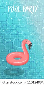 Clean blue sparkling water surface with ripples. Swimming pool HD screen wallpaper background, rubber flamingo swimming circle, pool outdoor party template,