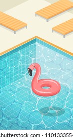 Clean blue sparkling water surface with ripples. Swimming pool HD screen wallpaper background, rubber flamingo swimming circle, pool outdoor party template,