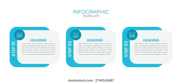 Clean blue three-step infographic template showing sequential steps for business process, presentation, timeline or project workflow with icons, headings and placeholders for concise content and visual communication