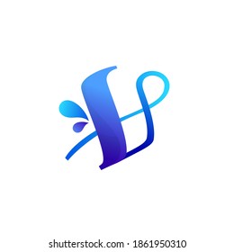 Clean blue V letter logo with water splash and drops. Vector icon perfect for ecology labels, pool emblem, spa posters and clean identity, etc.