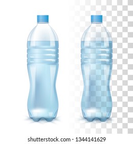 Clean Blue Water In The Plastic Bottle. Vector 3d Photo Realistic Illustration On Transparent Background