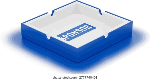 A clean, blue and white ashtray featuring the word 'SPONSOR' prominently displayed inside. Conceptual image for smoking industry sponsorship.