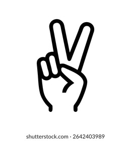 A clean, bold black line drawing depicts a hand making a peace sign.	
