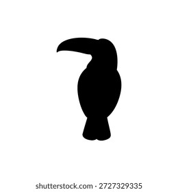 Uma silhueta negra limpa e ousada de um pássaro tropical tucano. Esta ilustração de pássaro exótico minimalista é perfeita para projetos com temas de selva, logotipos de viagem, marca de verão e gráficos de conservação da vida selvagem. Sua forma de bico distinta e perfil torná-lo ideal para adesivos, corte de vinil e ícones profissionais.