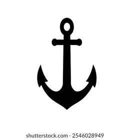 A clean and bold black silhouette vector of a classic anchor design. The illustration features the iconic curved arms, flukes, and a circular eyelet at the top for attaching rope. With its simple yet 