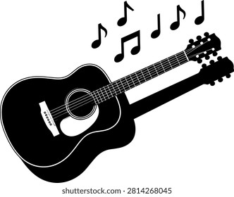 A clean and bold black silhouette vector graphic of a detailed acoustic guitar with elegant musical notes floating above its neck. This minimalist illustration with a soft shadow effect is ideal for country music club branding, live concert festival posters, music school advertisements, and entertainment venue signage.