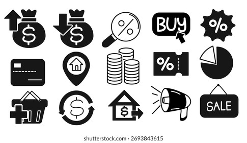 Iconos de vectores negros limpios y audaces que muestran ofertas de venta, monedas, flechas y megáfonos. Perfecto para promoción de negocios, tiendas en línea y materiales de marketing financiero.