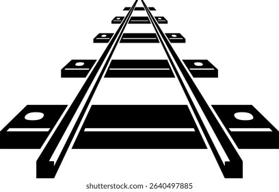A clean, bold black and white graphic of railroad tracks extending into the distance.