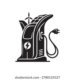 A clean and bold black and white vector icon representing an electric vehicle charging station. The design features a modern charging terminal equipped with a solar panel on top and a small wind turbine, symbolizing sustainable and renewable energy sources. A charging cable with a plug is attached to the side, and a lightning bolt symbol is displayed on the front. This graphic is perfect for projects related to green technology, electric mobility, eco-friendly infrastructure, and sustainable power solutions.