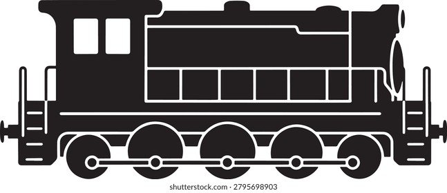 A clean and bold black and white vector illustration of a classic train engine with a simple, bold outline style. Perfect for educational, vintage-themed, or industrial design projects.