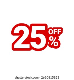 Clean and bold “25% OFF” graphic label in red and white, ideal for promoting moderate sales or discounts online and in-store.