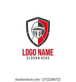 Um logotipo limpo e arrojado do escudo do cavaleiro com um capacete blindado em vermelho e preto, perfeito para segurança, proteção e forte identidade de marca profissional.