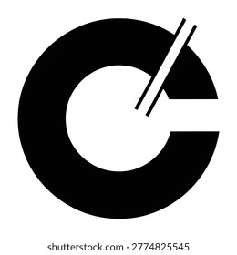 A clean and bold minimalist logo design featuring a thick black circular shape resembling a letter C with two parallel diagonal lines. High contrast isolated symbol.