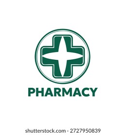 Ein sauberes, kühnes Apotheken-Logo mit einem grünen Kreuz in kreisförmigen Linien und dem Wort PHARMACY. Ideal für medizinisches Branding, pharmazeutische Dienstleistungen und Marketingmaterialien für das Gesundheitswesen.