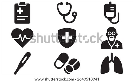 A clean and bold set of 12 filled black glyph-style medical icons. Includes symbols like pill blister pack, first aid box, syringe with heart, doctor avatar, crutch, tooth with bandages, test tubes, m