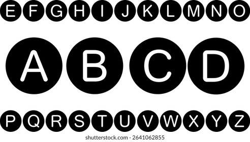 Clean and bold uppercase letters in a modern sans-serif style, each enclosed in a black circle. Perfect for UI, signage, posters, and educational media.