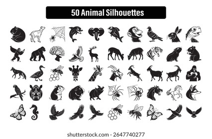A clean and bold vector collection of 50 diverse animal silhouettes including birds, forest and jungle animals, sea creatures, insects, domestic animals, and wild species. Featuring designs