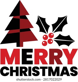A clean, bold vector illustration featuring a stylized Christmas tree silhouette alongside a holly leaf with red berries, paired with festive typography.