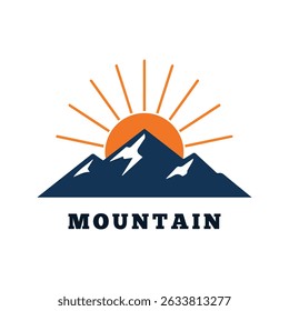 A clean and bold vector logo template featuring stylized mountain peaks with a radiant sun rising or setting behind them, accompanied by the word "MOUNTAIN". Ideal for outdoor brands, travel agencies,