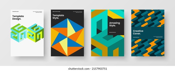 Clean book cover A4 design vector illustration collection. Simple geometric hexagons pamphlet layout bundle.