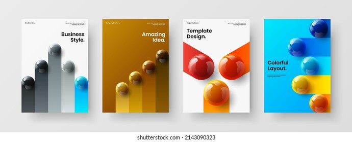 Clean book cover A4 vector design layout set. Original realistic spheres presentation template composition.