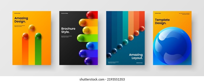 Clean book cover A4 vector design layout collection. Fresh 3D balls banner concept composition.