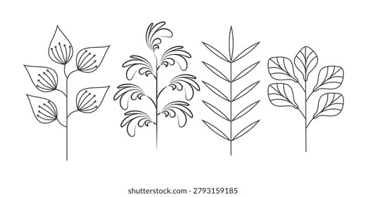 Clean botanical line art collection featuring organic branches and foliage details with a timeless decorative appearance. Suitable for logos, packaging, wedding invitations, stationery, publishing projects, and modern branding systems.