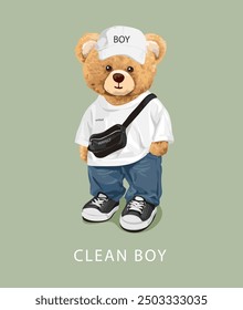 clean boy slogan with bute bear doll in white tee and blue jeans vector illustration