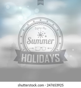 Clean, bright design. Vector transparent icon on a blurred background light. Vintage badge. Minimalistic background. Summer landscape in the background. 