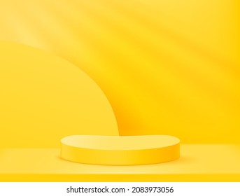 Limpie el interior amarillo brillante con la luz del sol desde la ventana y el pedestal para un anuncio de producto. Ilustración vectorial de estilo 3d realista 