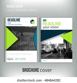 Clean brochure cover template with blured city landscape and triangular shapes. Blue Corporate identity. Business design, flyer, professional.