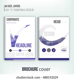 Clean brochure cover template with blured duotone city landscape and abstract shapes. Blue Corporate identity. Business design, flyer, professional.